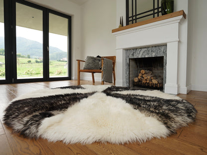 GIANT SHEEPSKIN Round White and Brown Throw Genuine leather Sheep Skin 74" Decorative Amazing Natural Round Sheepskin Rug - Thick Creamy