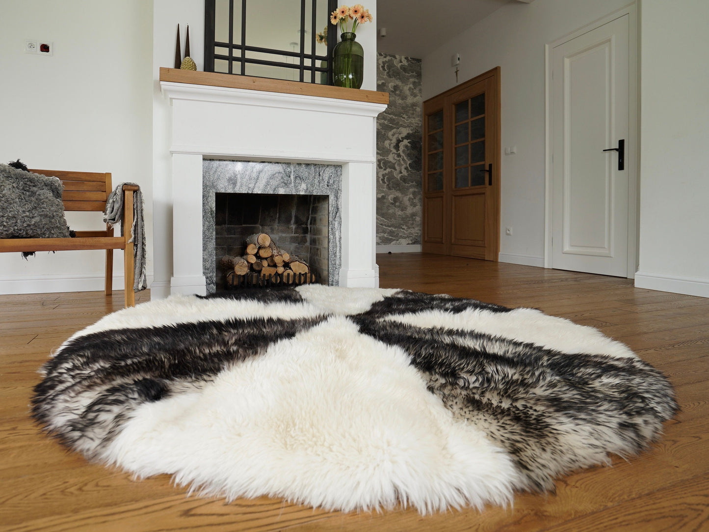 GIANT SHEEPSKIN Round White and Brown Throw Genuine leather Sheep Skin 74" Decorative Amazing Natural Round Sheepskin Rug - Thick Creamy