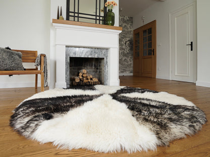 GIANT SHEEPSKIN Round White and Brown Throw Genuine leather Sheep Skin 74" Decorative Amazing Natural Round Sheepskin Rug - Thick Creamy