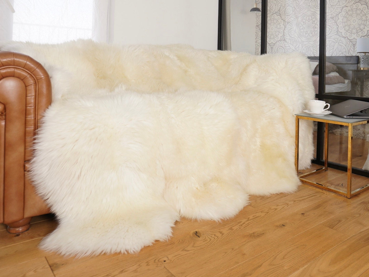 GIANT FUR RUG Eight sheepskin white throw genuine Leather Sheep Skin Decorative rug - White comfy, cozy, natural very thick!