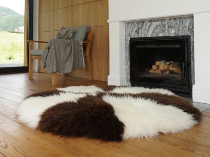 GIANT SHEEPSKIN Round White and Brown Throw Genuine leather Sheep Skin 51" Decorative Amazing Natural Round Sheepskin Rug - Thick Creamy