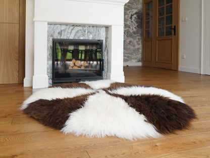 GIANT SHEEPSKIN Round White and Brown Throw Genuine leather Sheep Skin 51" Decorative Amazing Natural Round Sheepskin Rug - Thick Creamy