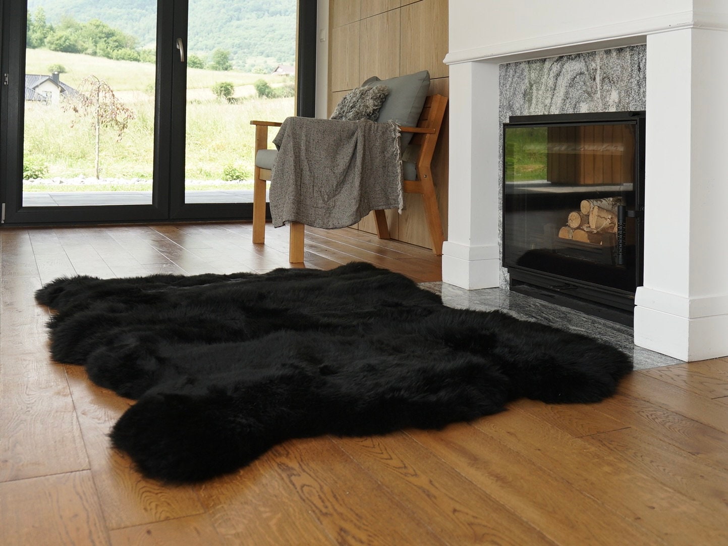 GIANT SHEEPSKIN Triple XXL Black Throw Genuine leather Sheep Skin 64" x 46" Decorative rug Natural comfy,cozy, hair is very thick