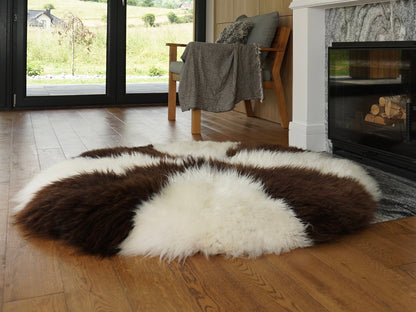 GIANT SHEEPSKIN Round White and Brown Throw Genuine leather Sheep Skin 51" Decorative Amazing Natural Round Sheepskin Rug - Thick Creamy