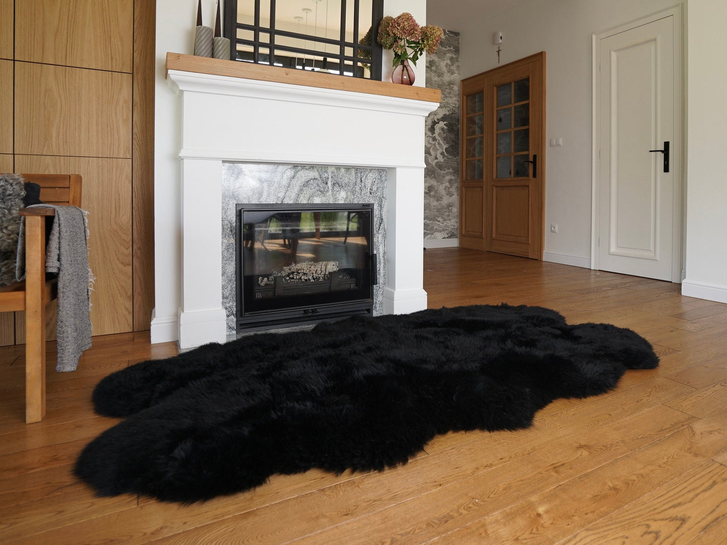 GIANT Rug FOUR SHEEPSKIN Black Throw Genuine Leather Sheep Skin Decorative rug - Black comfy, cozy, natural very thick classic