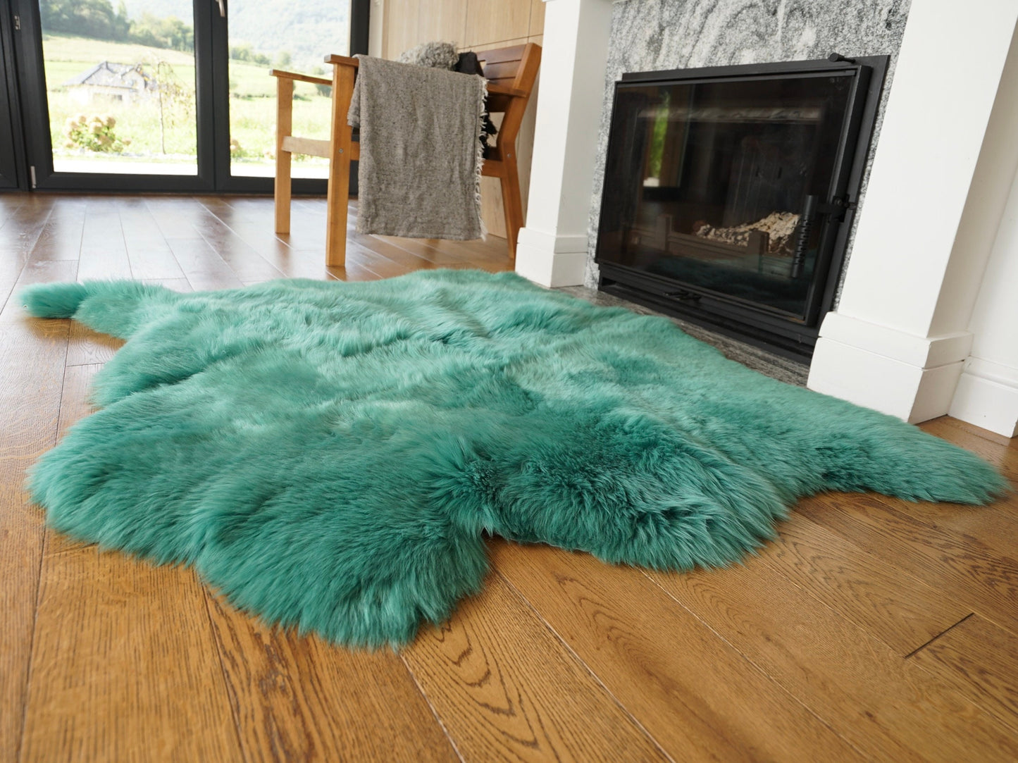 GIANT SHEEPSKIN  Double XXL Aqua Throw Genuine leather Sheep Skin 46 "x 46"  Decorative rug Natural comfy, hair is very thick, shiny !