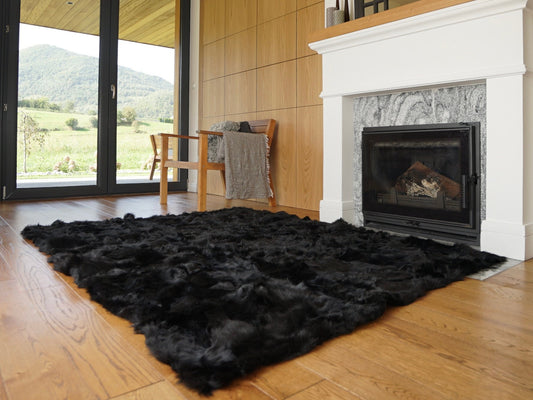 Genuine Toscana Lamb Sheepskin Throw Blanket Rug Black Bed Spread Sofa Throw Gray Rug Black Rug Large Rug