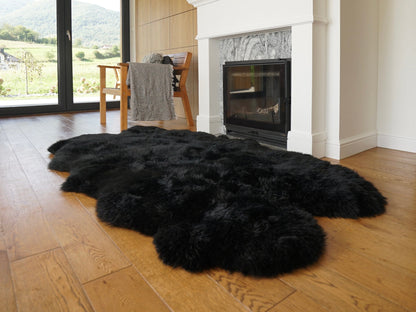 GIANT Rug FOUR SHEEPSKIN Black Throw Genuine Leather Sheep Skin Decorative rug - Black comfy, cozy, natural very thick classic