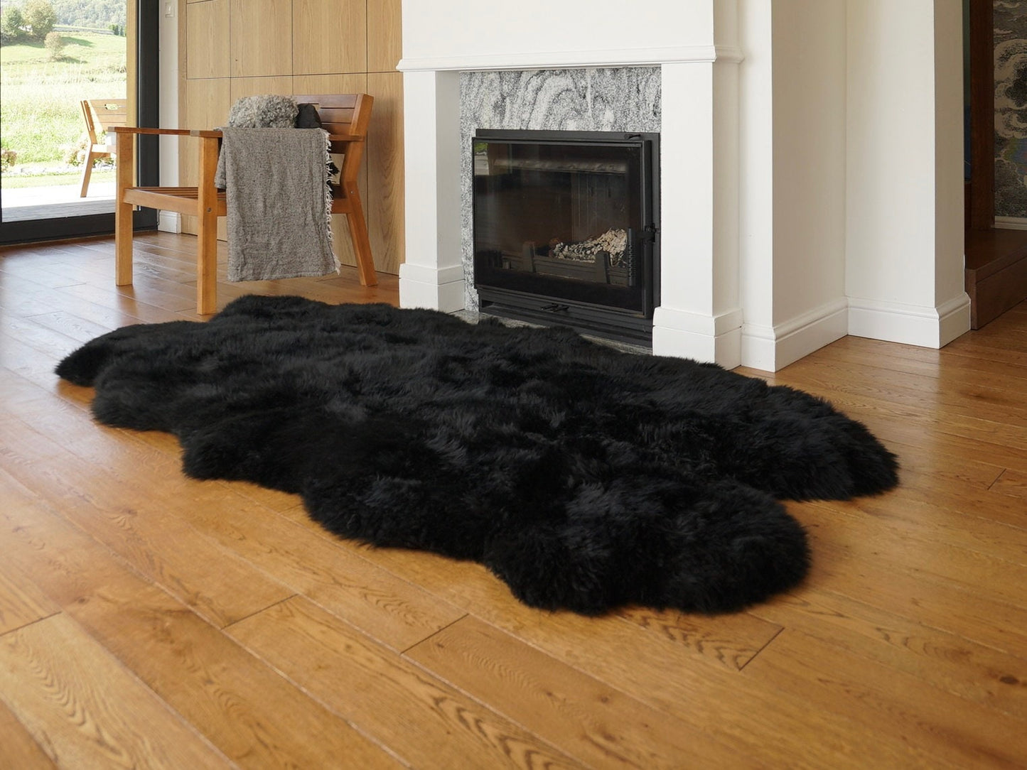 GIANT Rug FOUR SHEEPSKIN Black Throw Genuine Leather Sheep Skin Decorative rug - Black comfy, cozy, natural very thick classic