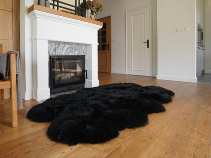 GIANT Rug FOUR SHEEPSKIN Black Throw Genuine Leather Sheep Skin Decorative rug - Black comfy, cozy, natural very thick classic