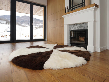 GIANT SHEEPSKIN Round White and Black Throw Genuine leather Sheep Skin 74" Decorative Amazing Natural Round Sheepskin Rug - Thick Creamy