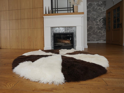 GIANT SHEEPSKIN Round White and Black Throw Genuine leather Sheep Skin 74" Decorative Amazing Natural Round Sheepskin Rug - Thick Creamy