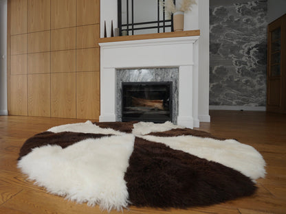 GIANT SHEEPSKIN Round White and Black Throw Genuine leather Sheep Skin 74" Decorative Amazing Natural Round Sheepskin Rug - Thick Creamy