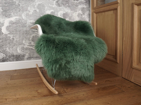 SHEEPSKIN Green Olive colour Throw Genuine leather Sheep Skin  Decorative rug brown comfy, cozy, hair is very thick, shiny color.