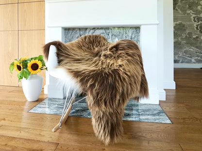 SHEEPSKIN WHITE & Brown Throw Natural color Genuine leather Sheep Skin 52"x 32"  Decorative rug XG16 Natural comfy, cozy, very thick, shiny