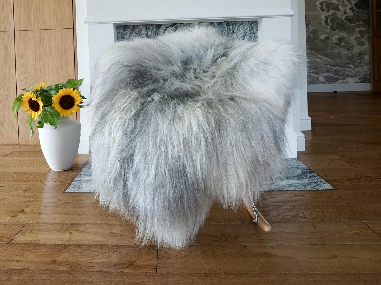 SHEEPSKIN WHITE & Gray Throw Natural color Genuine leather Sheep Skin 54"x 34"  Decorative rug XG11 Natural comfy, cozy, very thick, shiny