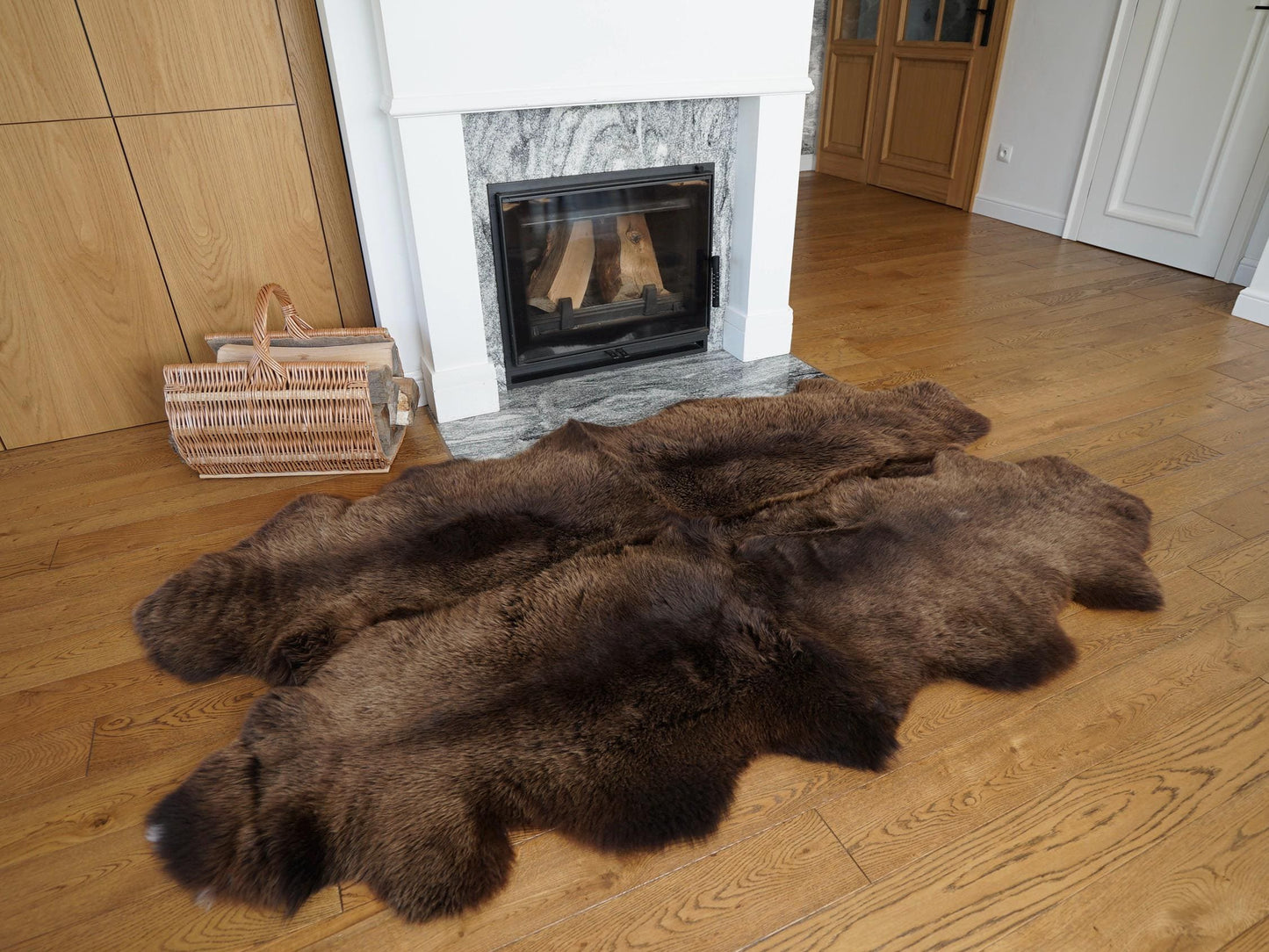 GIANT Rug FOUR SHEEPSKIN Brown Throw Genuine Leather Sheep Skin Decorative rug - White comfy, cozy, natural very thick!