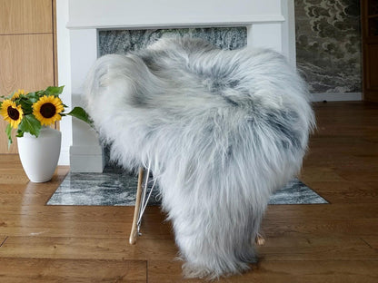 SHEEPSKIN WHITE & Gray Throw Natural color Genuine leather Sheep Skin 54"x 34"  Decorative rug XG11 Natural comfy, cozy, very thick, shiny