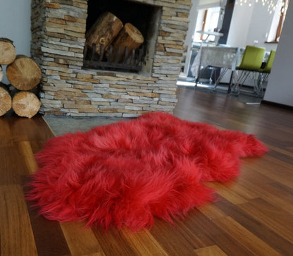 SHEEPSKIN RED   Throw Genuine leather Sheep Skin  Decorative rug green comfy, cozy, hair is very thick, shiny !