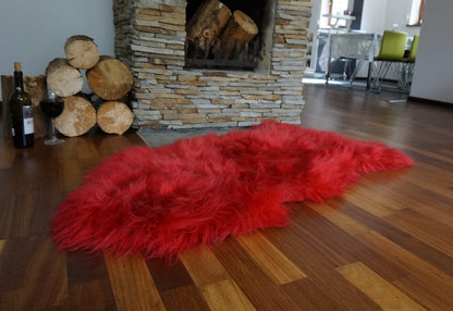 SHEEPSKIN RED   Throw Genuine leather Sheep Skin  Decorative rug green comfy, cozy, hair is very thick, shiny !