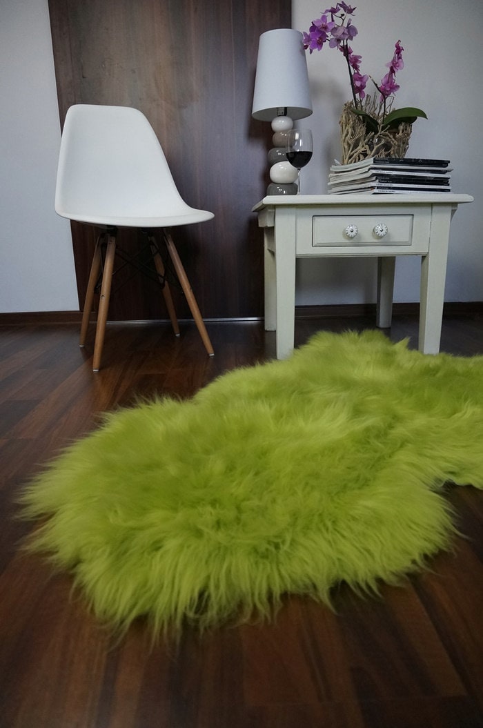 Regular SHEEPSKIN  GREEN Throw Genuine leather Sheep Skin 46 " x 26"  Decorative rug Natural comfy, cozy, hiny !