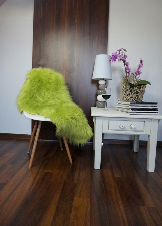 Regular SHEEPSKIN GREEN Fluorescent color Throw Genuine leather Sheep Skin 48 " x 28"  Decorative rug Natural comfy, cozy, hiny !